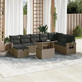 Set divano da giardino 9 pz con cuscini grigio in polyrattan