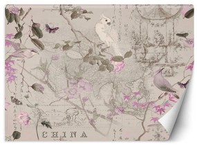 Carta Da Parati, Uccelli in stile shabby chic su rami rosa