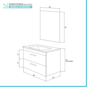 Mobile bagno sospeso 80 cm rovere dolomite con 2 cassettoni soft-close Desya