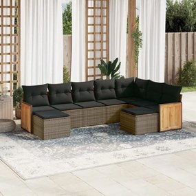 Set divano da giardino 9 pz con cuscini grigio in polyrattan