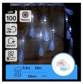 Aigostar - Catena luminosa LED natalizia da esterno 100xLED/8 funzioni 3xAA 10m IP44 bianco freddo gocce