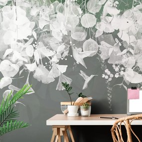 Carta da parati – Foglie Verde-Grigio con Colibrì