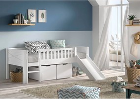 Letto da bambini rialzato bianco in pino massiccio con contenitore con rete inclusa 90x200 cm Scott – Vipack