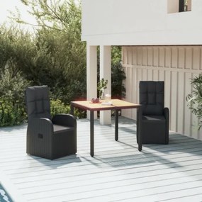 Set da Pranzo da Giardino 3 pz con Cuscini Nero in Polyrattan