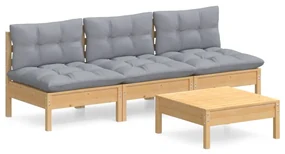 Set divani da giardino 4 pz con cuscini grigi massello di pino