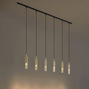 Sistema di illuminazione a binario moderno nero con 6 luci a sospensione oro con vetro ambrato monofase - Slimline Loyce