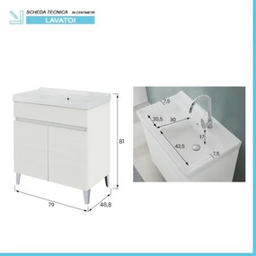 Mobile lavatoio 79x46,8 cm bianco frassinato con vasca in ceramica bianca