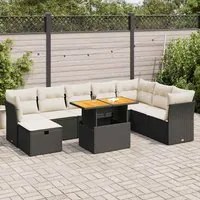 Set Divani da Giardino 9 pz con Cuscini Nero Polyrattan Acacia 3327987