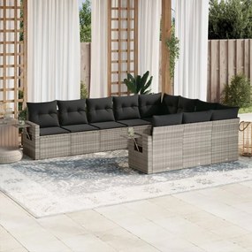 Set divano giardino 10 pz con cuscini grigio chiaro polyrattan