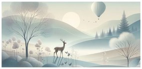 Quadro su tela – Paesaggio boschivo con cervo e montagne