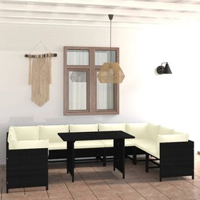 Set divani da giardino 10 pz con cuscini in polyrattan nero