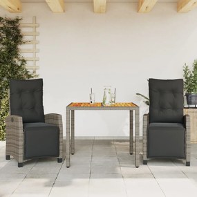 Set Da Pranzo Da Giardino 3 Pz Con Cuscini İn Polyrattan Grigio /
