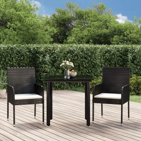 Set da pranzo da giardino 3 pz con cuscini nero in polyrattan