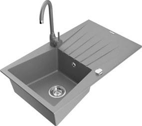 Mexen Cesar lavello da cucina in granito a 1 vasca con sgocciolatoio e rubinetto Telma, grigio - 6514-71-670200-71