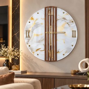 Orologio tondo Parete 65 cm Vetro Effetto Marmo e Doghe Noce