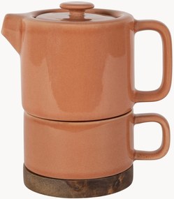 Teiera e tazza da tè in gres con filtro e base in legno di acacia Nordika