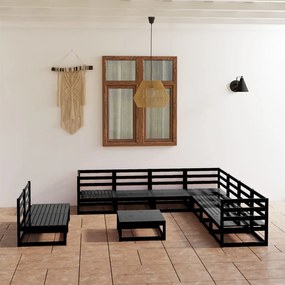 Set divani da giardino 10 pz nero in legno massello di pino