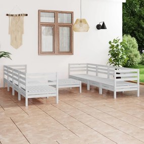 Set Divani da Giardino 9 pz Bianco in Legno Massello di Pino