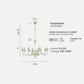 Lampada a sospensione RAVEL 8 luci in vetro lavorato a mano ORO