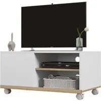 Mobile TV 42 Max con 2 Ripiani Aperti e Anta e Ruote 80x45x39.5 cm in Truciolato Bianco