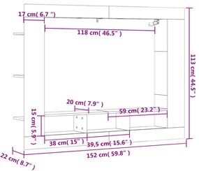 Mobile Porta TV Bianco 152x22x113 cm in Legno Multistrato