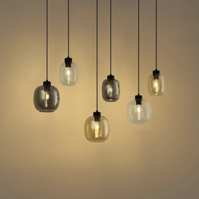Lampada a sospensione nera con vetro ambrato, fumé e trasparente a 6 luci - Elena