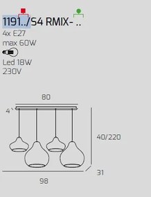 Sosp. ottone satinato 4 luci rettangolare vetri (2 x piccolo + 2 x ...