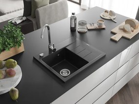 Mexen Ben lavello in granito a 1 vasca con sgocciolatoio, sinistro 600 x 500 mm, nero, sifone cromato - 6522605000-77