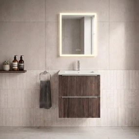Mobile bagno sospeso Neo Groove L 61 x H 66 x P 49 cm, 2 cassetti con maniglia cromo, lavabo in ceramica con vasca centrale Maya incluso, noce cannettato