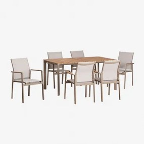 Set Tavolo Rettangolare Katiana In Alluminio E Legno Teak (160x90 Cm) E 6 Sedie Da Giardino In Alluminio Elvira Marrone Moka - Sklum