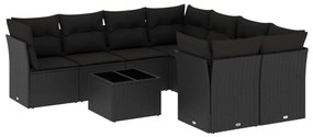 Set divani da giardino 9 pz con cuscini nero in polyrattan