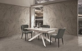 Tavolo BEVERLY HILLS in vetroceramica effetto marmo statuario e metallo bianco, allungabile 160&#215;90 cm &#8211; 240&#215;90 cm