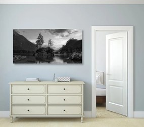 Stampa su tela – Paesaggio montano sul lago in bianco e nero