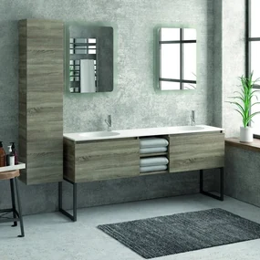 Kamalu - Composizione bagno 175cm, composta da mobile con lavabo doppio, due specchi led e colonna SP-175C