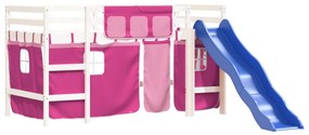 Letto a soppalco con tende bambini rosa 90x200 cm massello pino