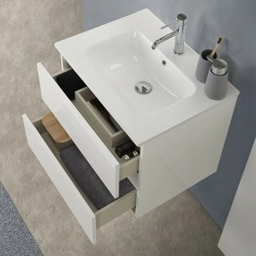 Mobile bagno sospeso 60cm in legno bianco lucido 2 cassettoni con lavabo e specchio Leda