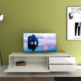 Porta TV in legno 160x40 cm con anta a ribalta e 2 cassetti Bianco Lucido HARAS