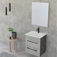 Composizione bagno sospesa Smack a 2 cassetti 55x62 con lavabo, specchio con lampada LED cement wood e cemento