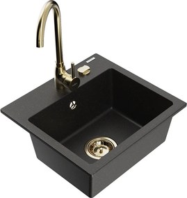 Mexen Milo lavello in granito 1-vasca con rubinetto da cucina Telma, nero/oro - 6505-75-670200-50