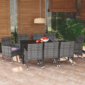 Set pranzo da giardino 9 pz con cuscini in polyrattan grigio