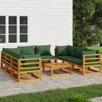 Set Salotto da Giardino 9pz con Cuscini Verdi in Legno Massello 3155318