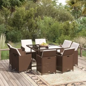 Set da Pranzo per Giardino 9 pz con Cuscini Polyrattan Marrone