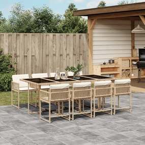 Set da pranzo da giardino 9 pz con cuscini beige in polyrattan