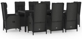 Set da Pranzo da Giardino 9 pz con Cuscini Nero in Polyrattan