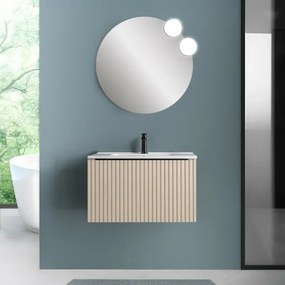 Mobile bagno sospeso 70 cm cappuccino cannettato con cassetto, specchio e lavabo Nara