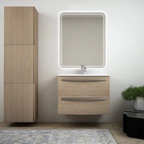 Mobile bagno rovere tabacco sospeso 75 cm design tondo - Berlino con specchio led e colonna da 170 cm