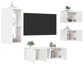 Mobili Tv A Muro Con Led 5pz Bianchi İn Legno Multistrato /