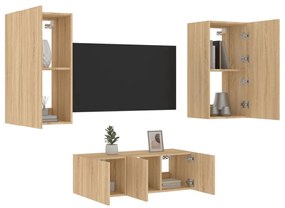 Mobili Tv A Muro Con Led 4pz Rovere Sonoma Legno Multistrato /