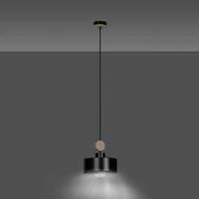 Sospensione 1 Luce Zhurong In Acciaio Nero E Legno Naturale