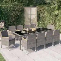 Set da Pranzo Esterni 11pz con Cuscini Polyrattan Nero e Grigio 3094940